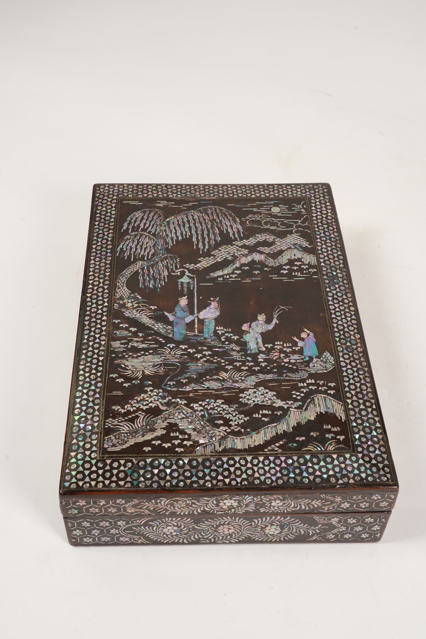 A Chinese Ming mother-of-pearl inlaid lacquer document box and cover, 15th century